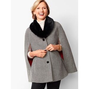 NWT Talbots FAUX-FUR COLLAR HERRINGBONE CAPE